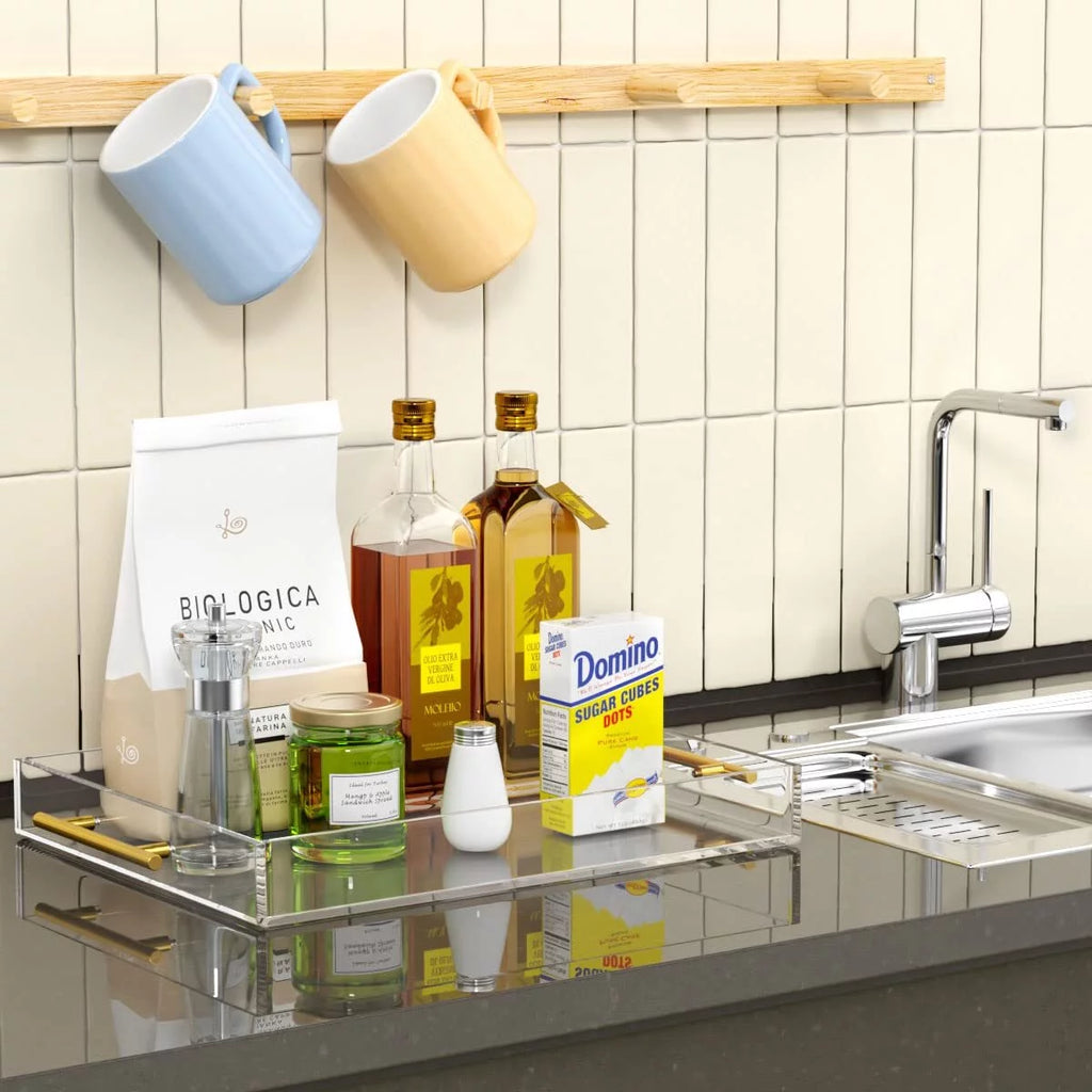 Rectangular Clear Decorative Tray with Gold Handle J444