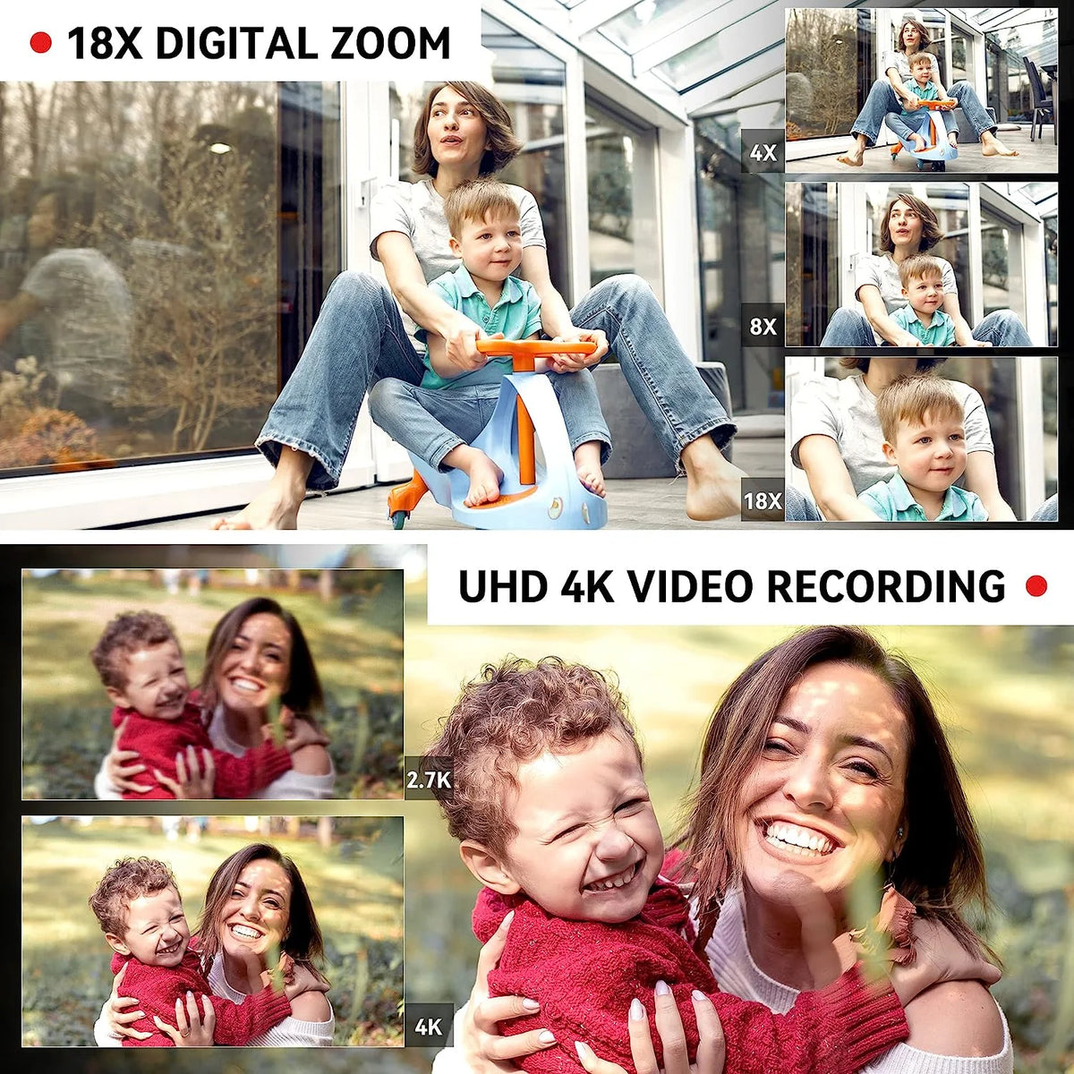 4k Video Camera Camcorder with 18X Digital Zoom, 64MP, 4.0-inch Rotating Touchscreen, 64GB SD Card, Microphone, Remote Control, Durable Battery (Black) E904540