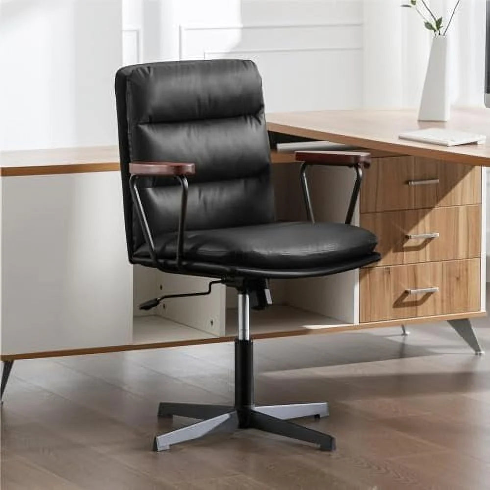 Black PU Padded Criss Cross Office Desk Chair with Wooden Armrests L273