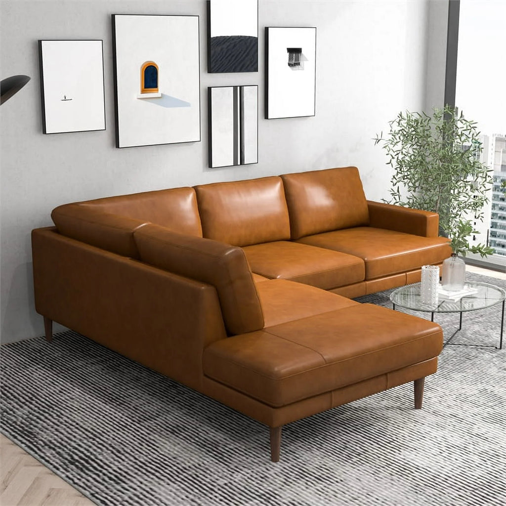 Cognac Tan Genuine Leather Corner Sectional Couch H704