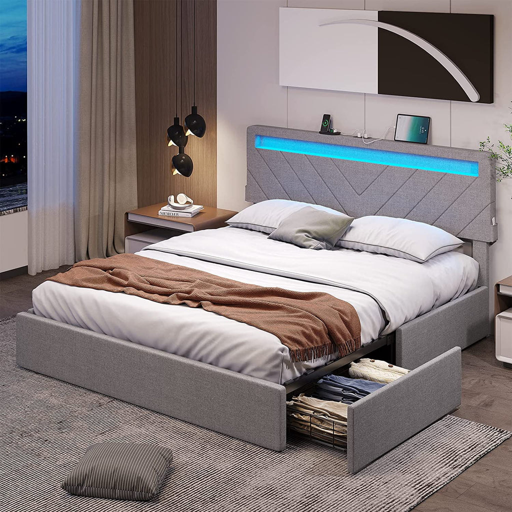 Queen Upholstered Bed Frame with 4 Storage Drawers and USB Charging Station D490251