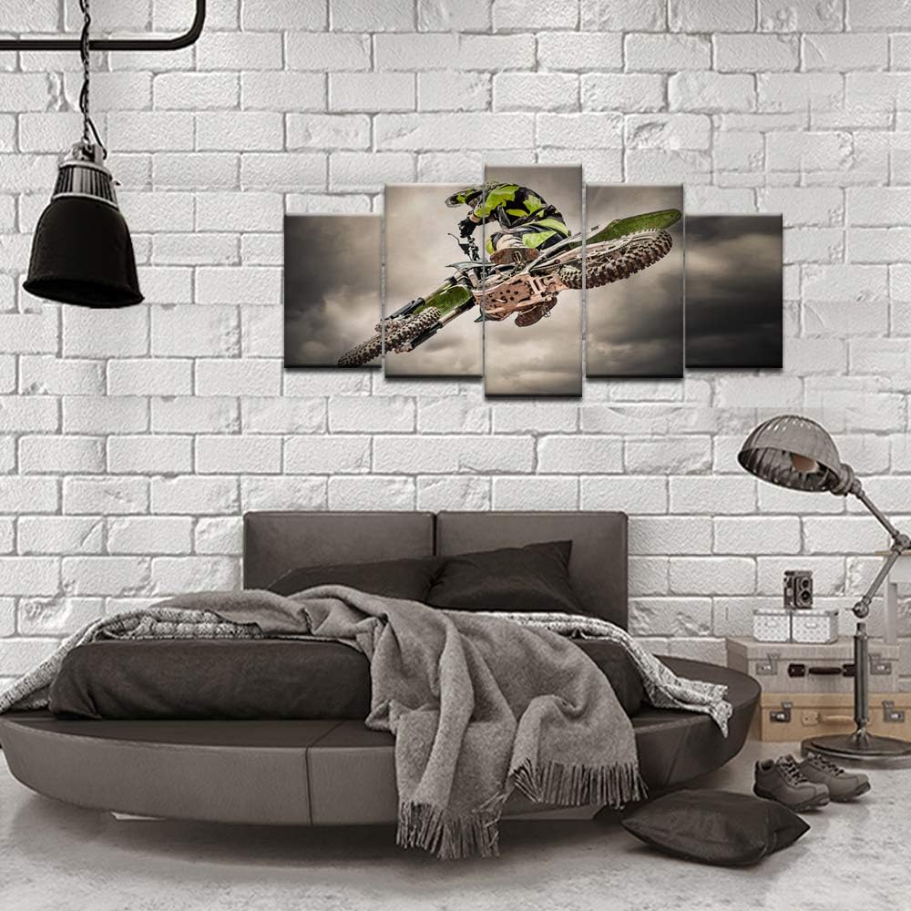5 Pieces Canvas Prints Wall Art Motorcycle Racing Painting Sports Motocross Rider Poster Print Modern Man Boy's Bedroom Office Wall Decor Gallery Canvas Wrapped Artwork Ready to Hang D766
