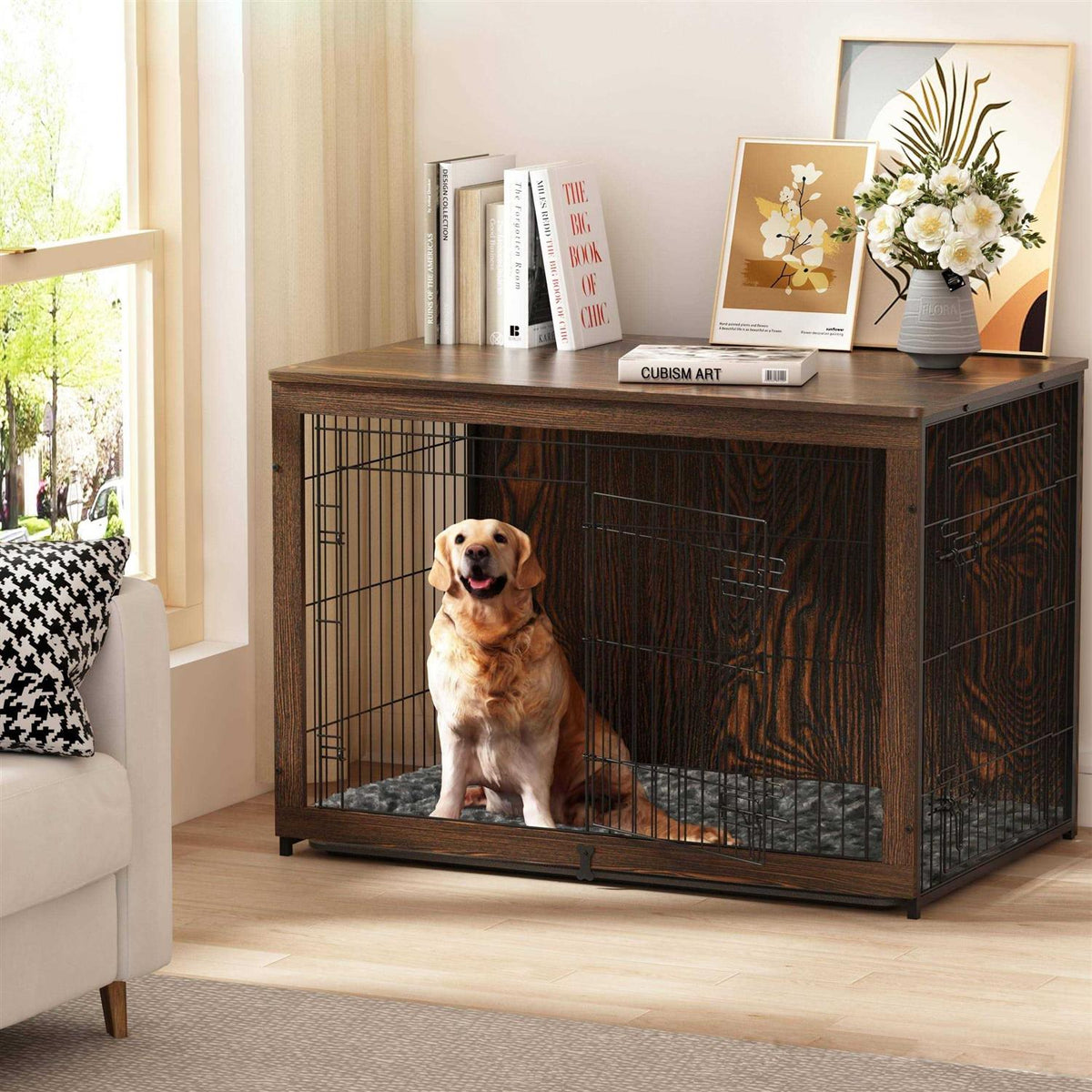 Wooden Dog Crate Furniture with Cushion and Tray S91364