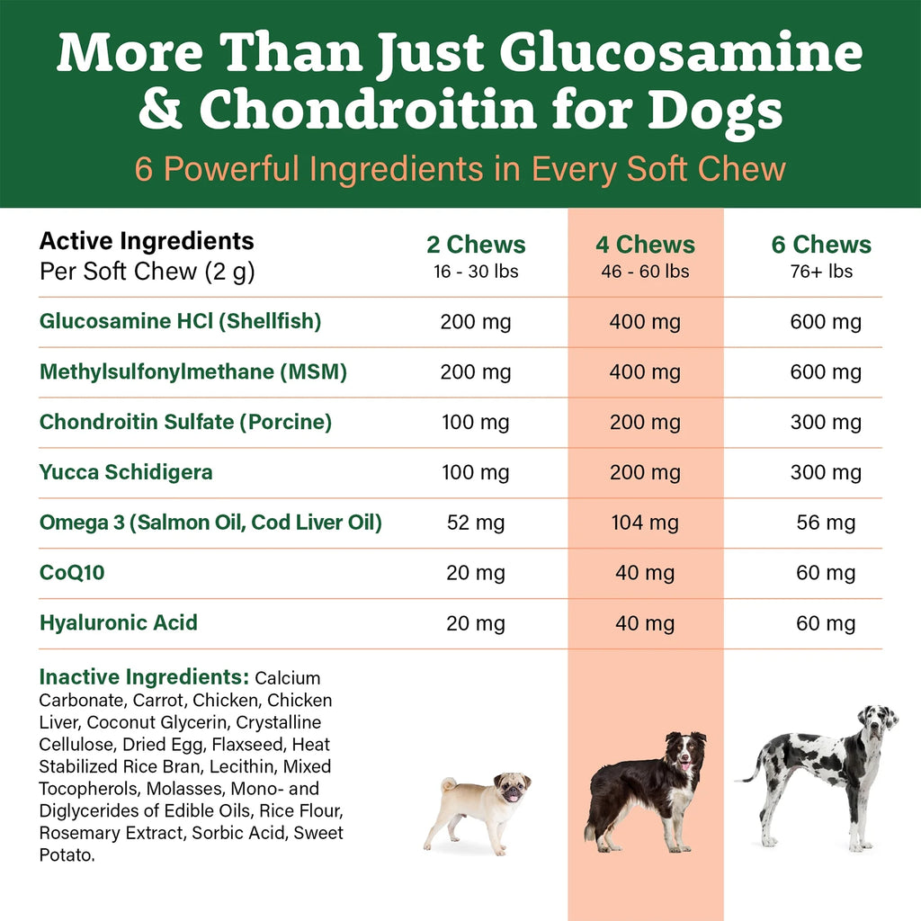 Glucosamine for Dogs 225 Chews Joint Supplement with Chondroitin MSM Hyaluronic Acid CoQ10 Chicken Y803