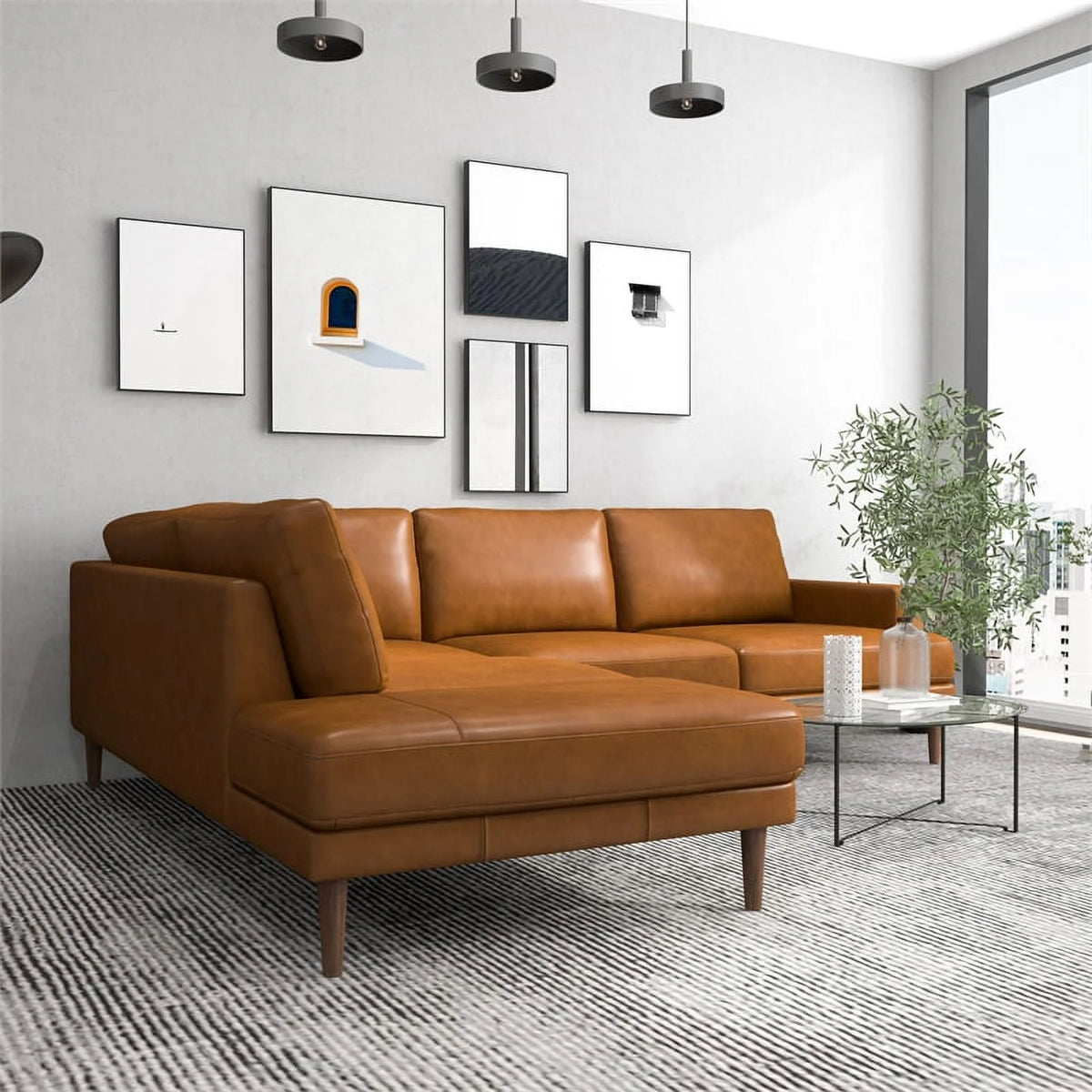 Cognac Tan Genuine Leather Corner Sectional Couch H704
