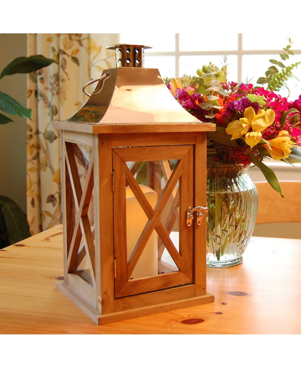 Natural Wooden Lantern with Copper Roof and LED Candle X103567