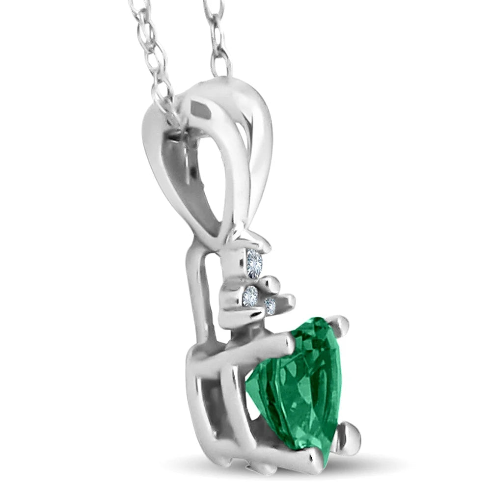 14K White Gold Heart Pendant with Diamond & Simulated Emerald P509