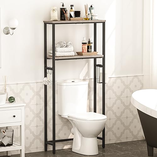 Greige and Black 2-Tier Over The Toilet Storage Shelf with Toilet Paper Holder and Hooks K158536