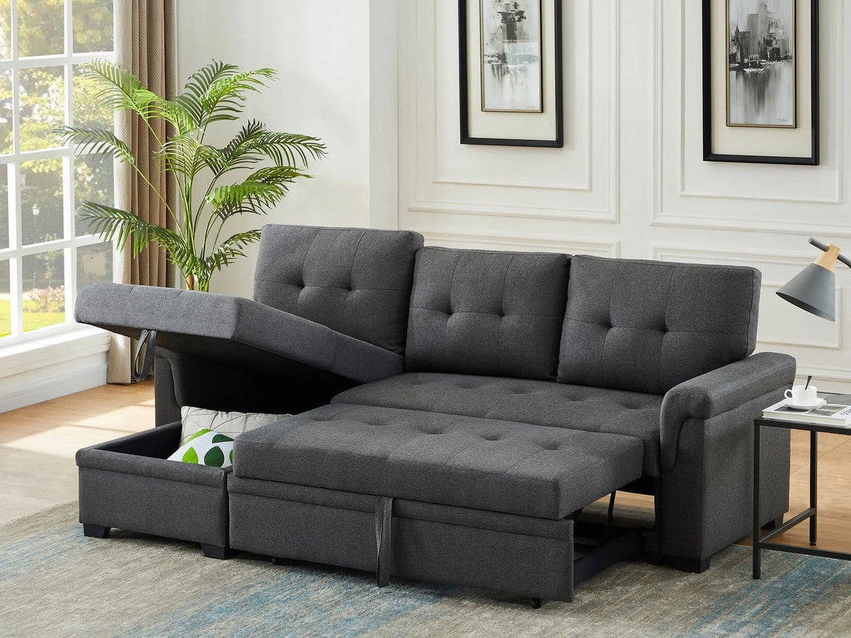 Linen Reversible Sleeper Sectional Sofa with Storage Chaise Dark Gray U847