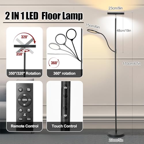 36W 3000LM LED Tall Floor Lamp with Dimmable Reading Light S670