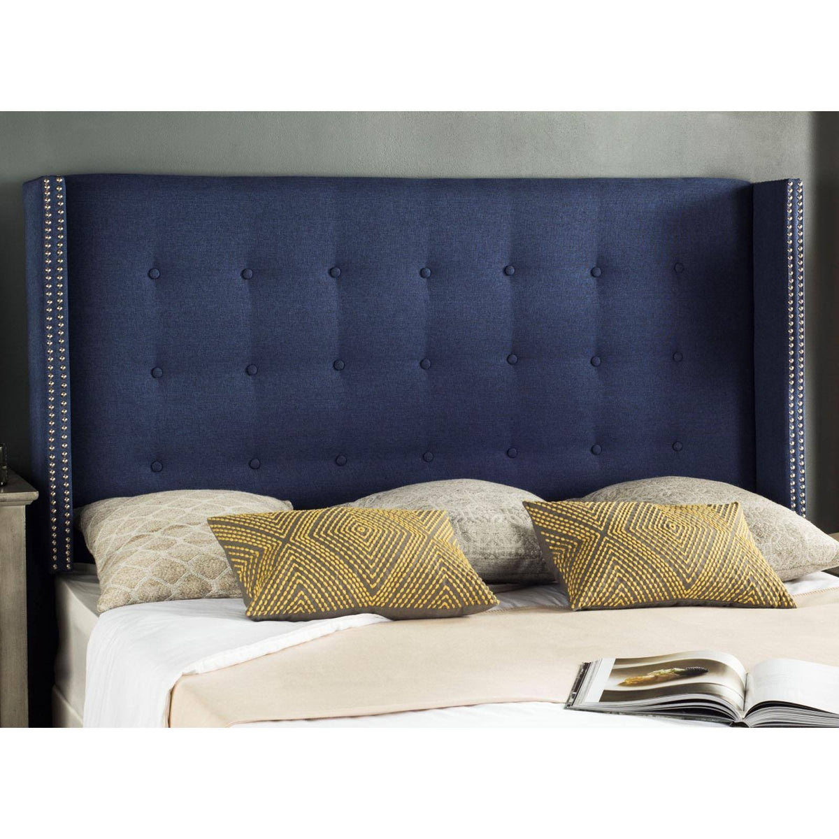 Navy Linen Tufted Winged Headboard Queen G359