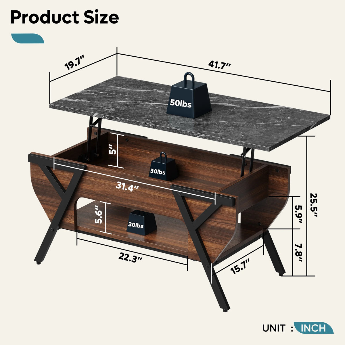 Lift Top Coffee Table with LED Lights and 2-Tier Storage Shelf P7271