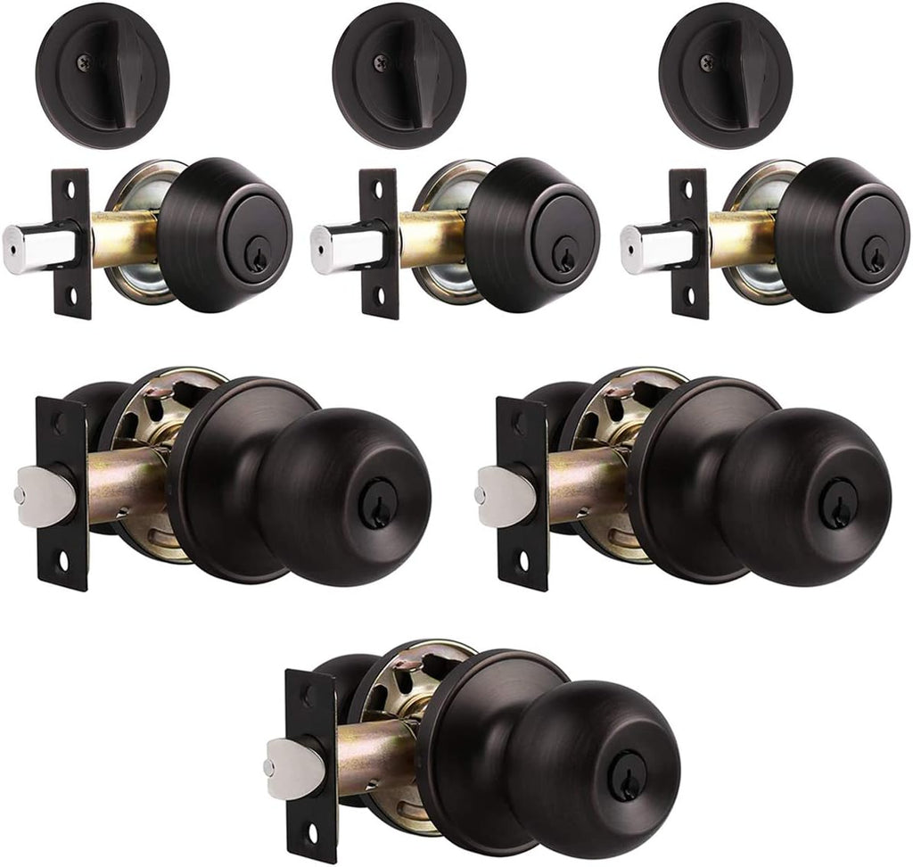 3 Pack Keyed Alike Entry Door Knob and Single Cylinder Deadbolt Lock Set in Oil Rubbed Bronze Finish H863