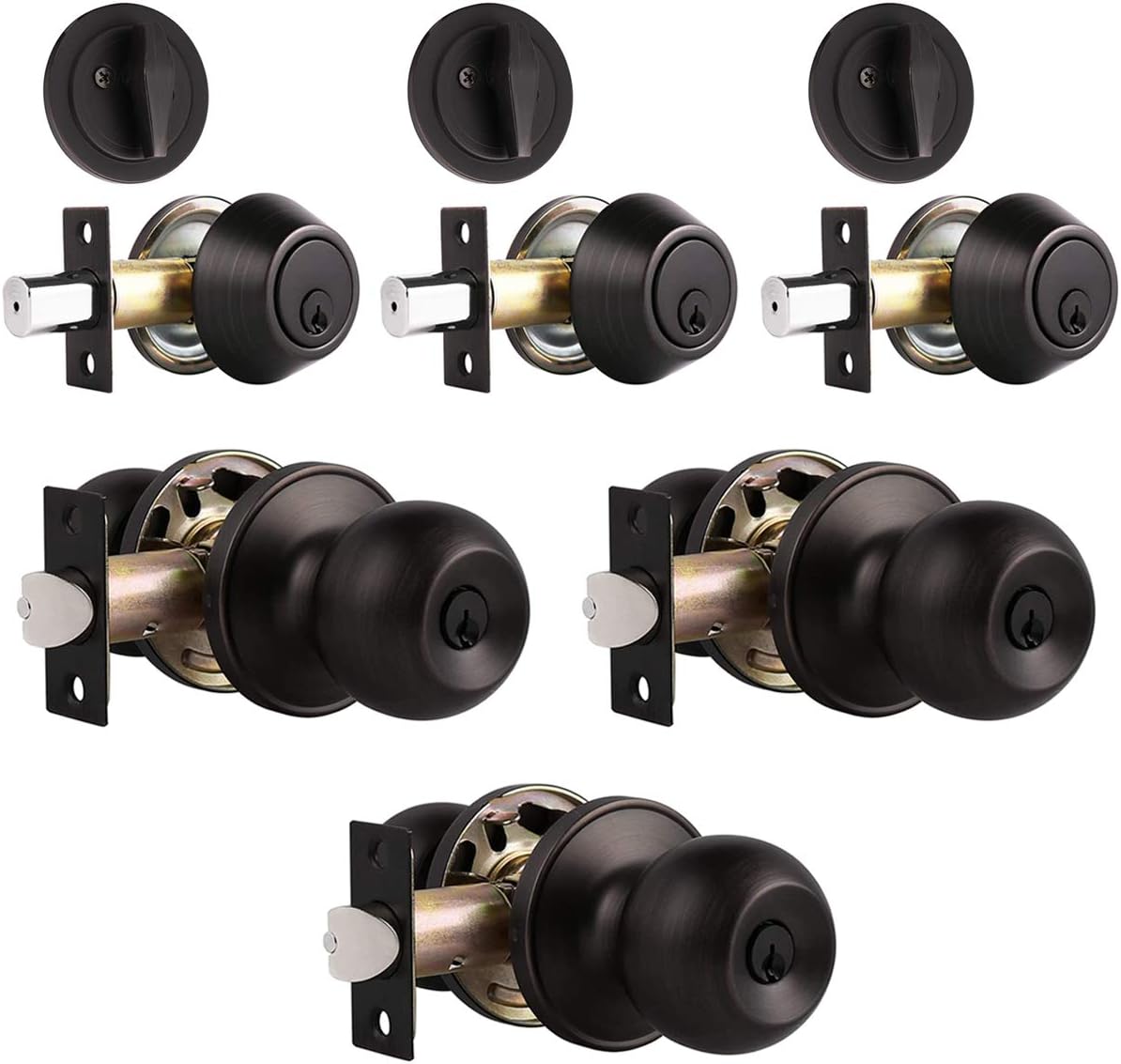 3 Pack Keyed Alike Entry Door Knob and Single Cylinder Deadbolt Lock Set in Oil Rubbed Bronze Finish H863