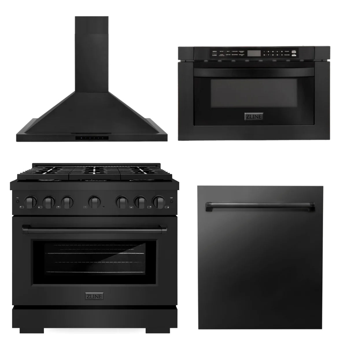 36 in. Gas Range, Range Hood, Microwave Drawer, Dishwasher Black Stainless Steel N8223