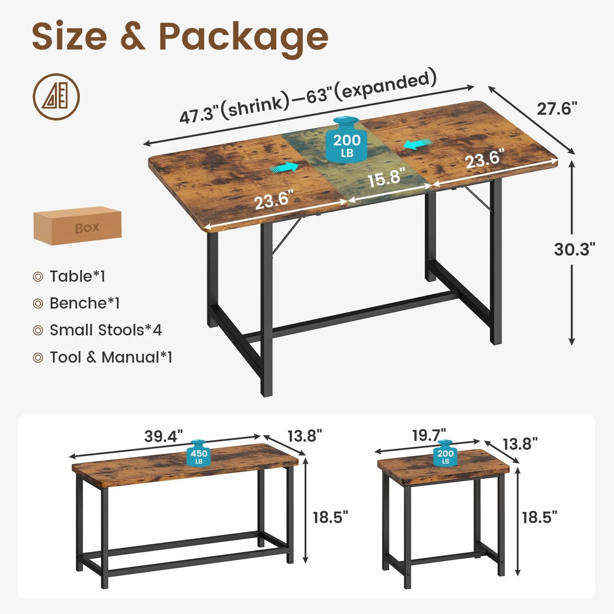 6 Piece Extendable Dining Table Set with Bench and 4 Stools K867