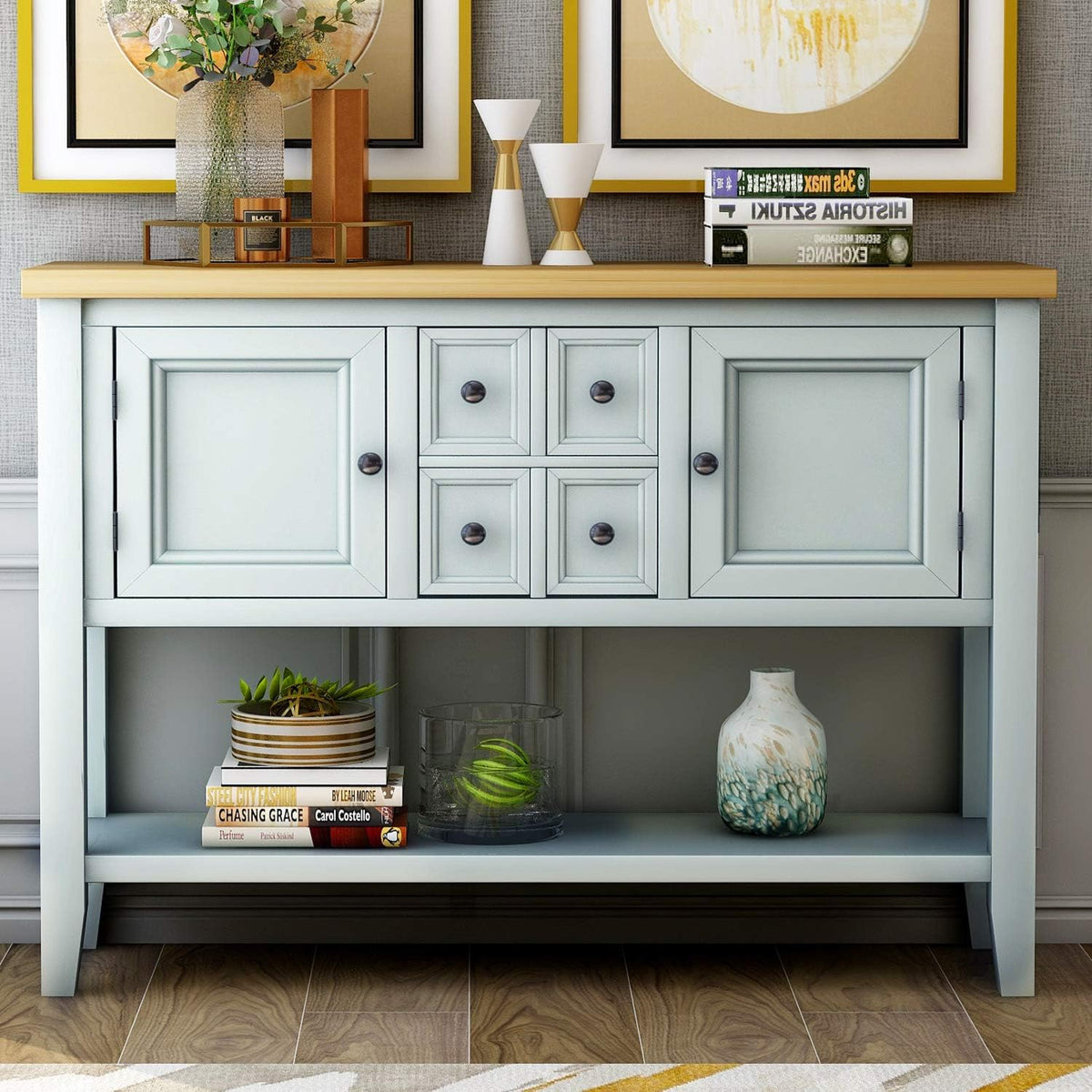 Solid Wood Console Table with 3 Drawers, 2 Cabinet and 1 Shelf G813