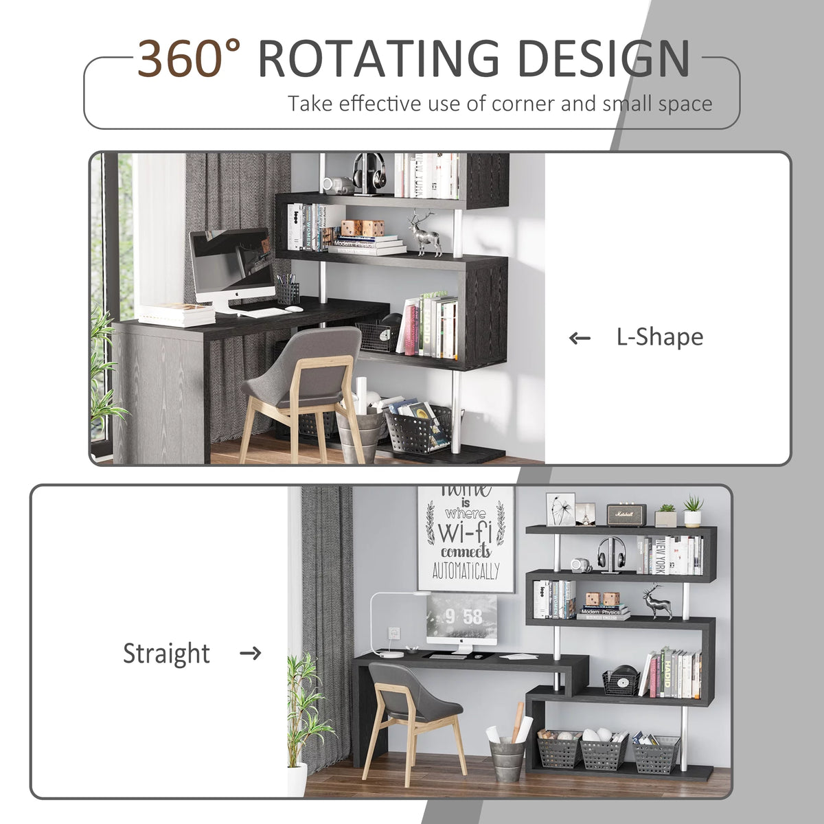 Black L-Shaped Computer Desk with Display Shelves W801120
