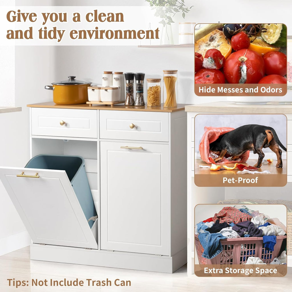 White 2 Doors 2 Drawers 2 Baskets Trash Cabinet I85363