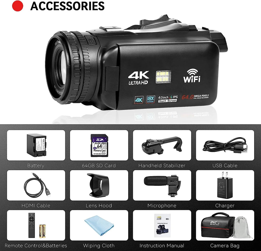 4k Video Camera Camcorder with 18X Digital Zoom, 64MP, 4.0-inch Rotating Touchscreen, 64GB SD Card, Microphone, Remote Control, Durable Battery (Black) E904540