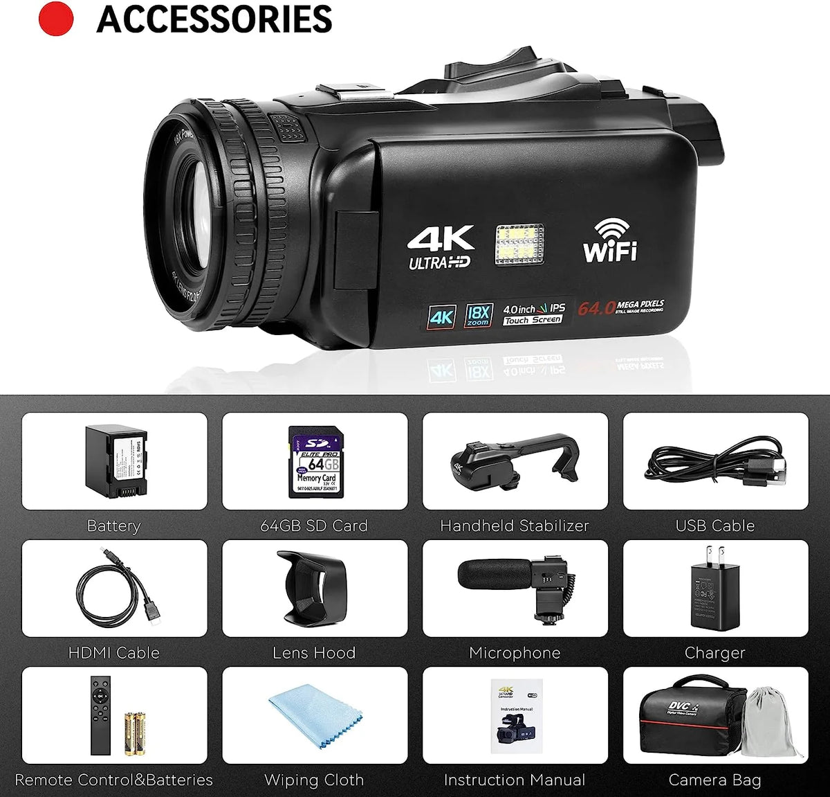 4k Video Camera Camcorder with 18X Digital Zoom, 64MP, 4.0-inch Rotating Touchscreen, 64GB SD Card, Microphone, Remote Control, Durable Battery (Black) E904540