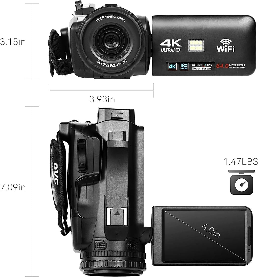 4k Video Camera Camcorder with 18X Digital Zoom, 64MP, 4.0-inch Rotating Touchscreen, 64GB SD Card, Microphone, Remote Control, Durable Battery (Black) E904540