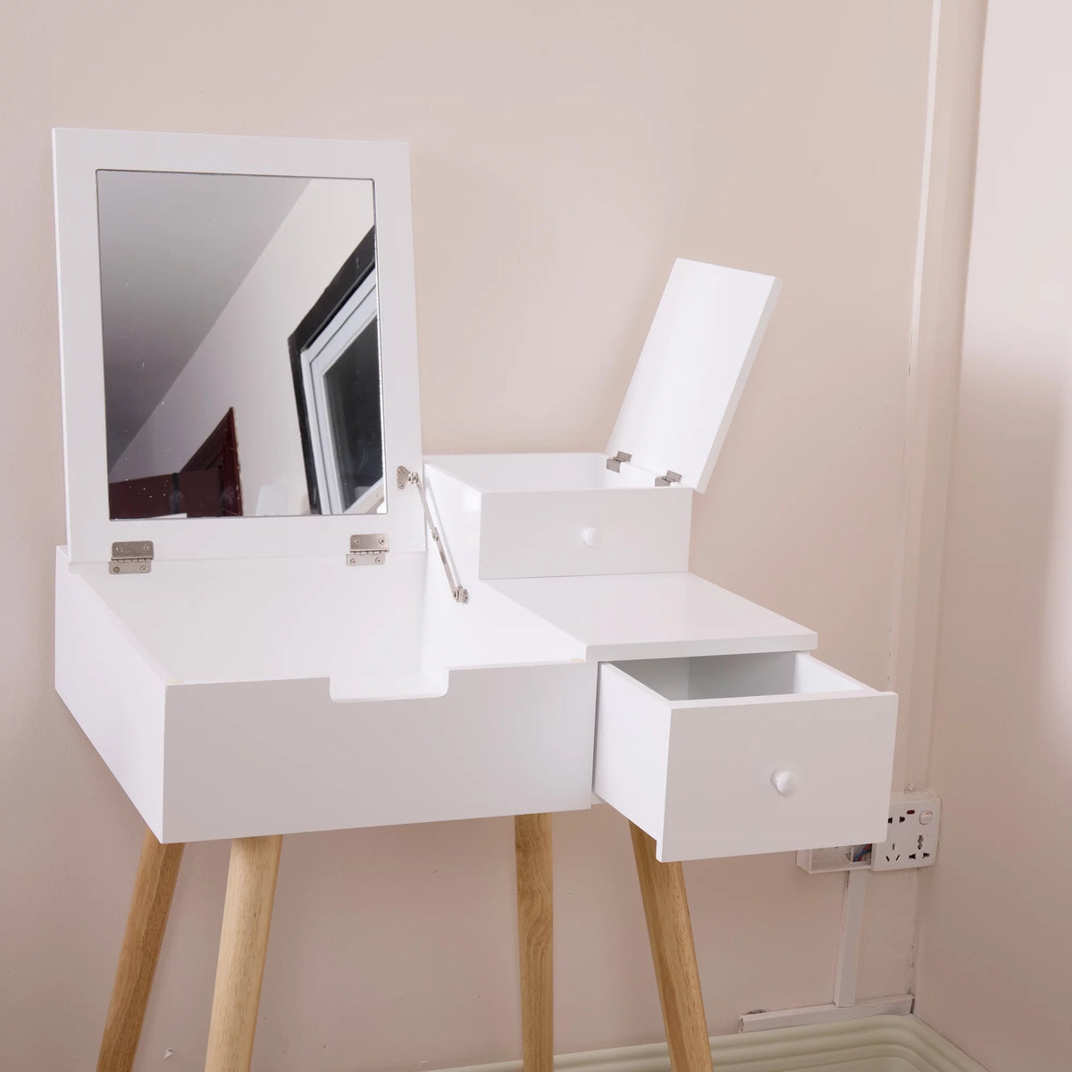 White Wooden Vanity Desk with Flip-top Mirror G285