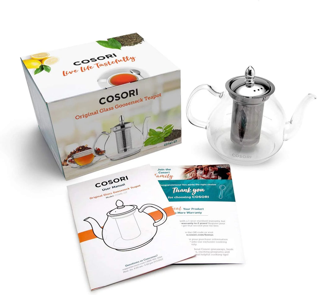 Glass Teapot Stovetop Gooseneck Kettle with Removable Stainless Steel Infuser, Borosilicate, 1000 ml, Transparent P888