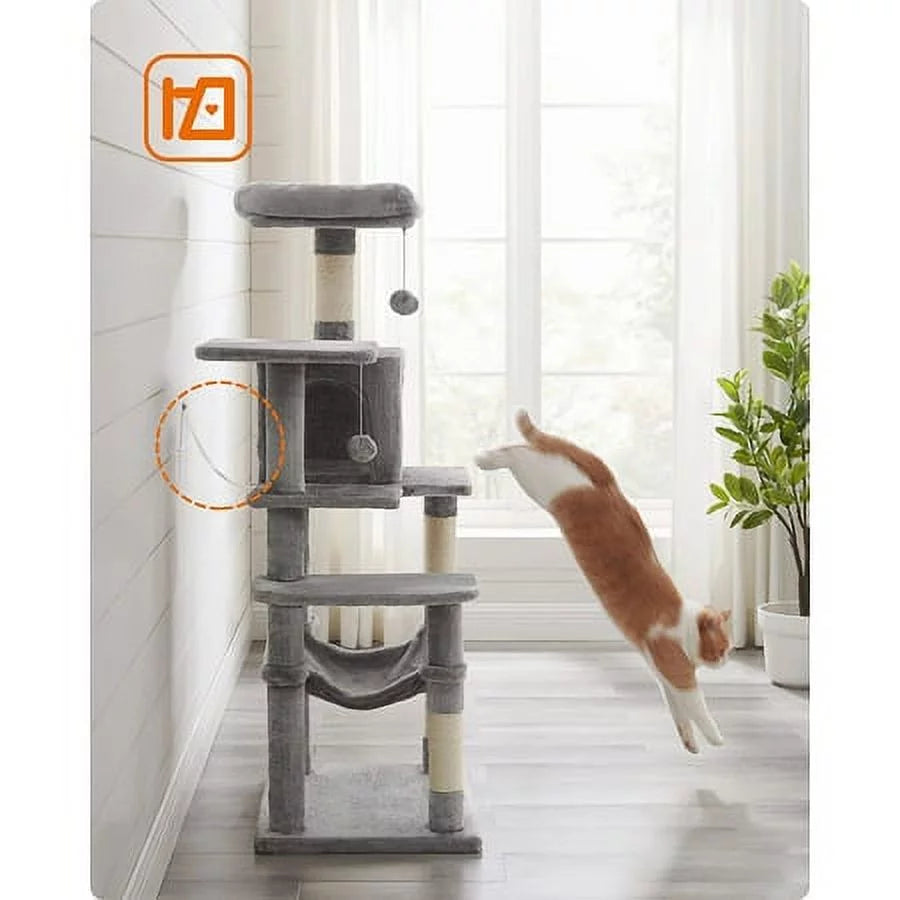 Light Gray Cat Tree with Scratching Posts Hammock R39831