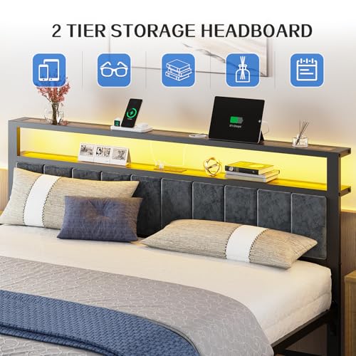 Queen Size Platform Bed Frame with Storage Headboard and Charging Station N473935