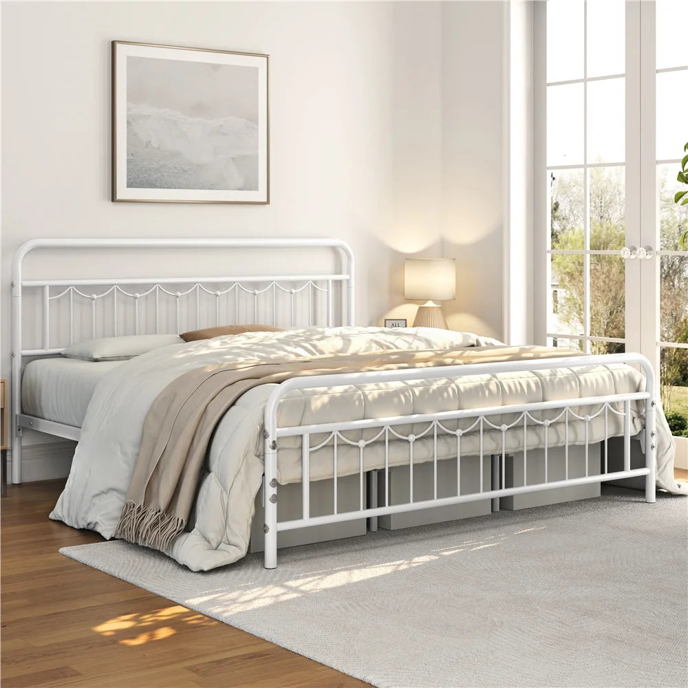 Queen Metal Platform Bed Frame with Vintage Headboard and Footboard T7074