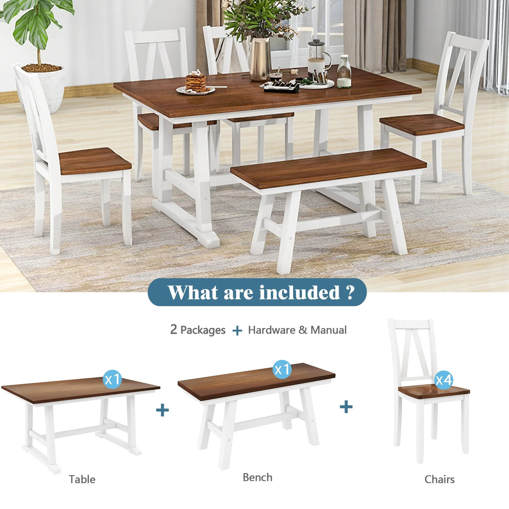 White 6-Piece Wood Dining Table Set with Bench and Chairs P268420