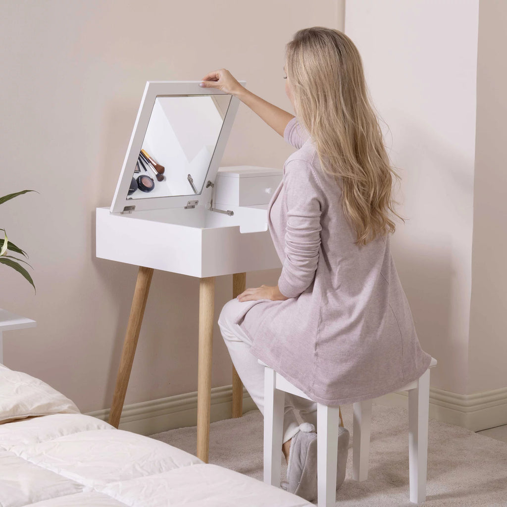 White Wooden Vanity Desk with Flip-top Mirror G285