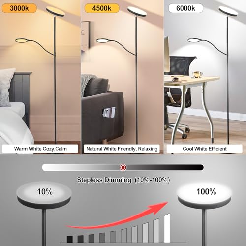 36W 3000LM LED Tall Floor Lamp with Dimmable Reading Light S670