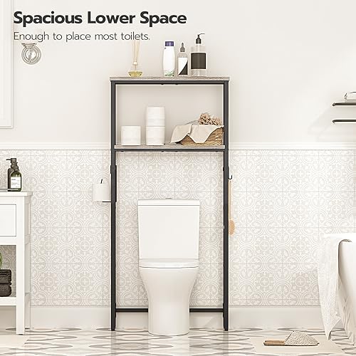 Greige and Black 2-Tier Over The Toilet Storage Shelf with Toilet Paper Holder and Hooks K158536