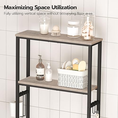 Greige and Black 2-Tier Over The Toilet Storage Shelf with Toilet Paper Holder and Hooks K158536