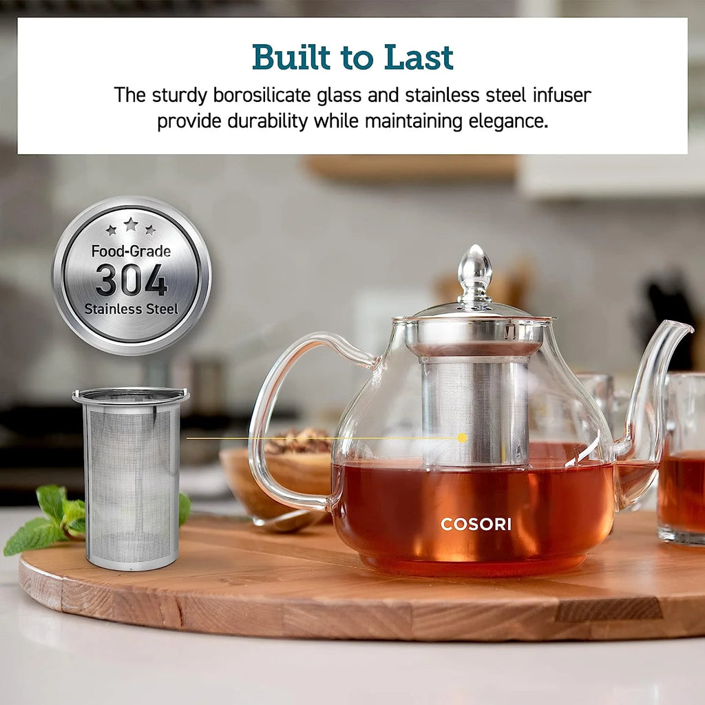 Glass Teapot Stovetop Gooseneck Kettle with Removable Stainless Steel Infuser, Borosilicate, 1000 ml, Transparent P888