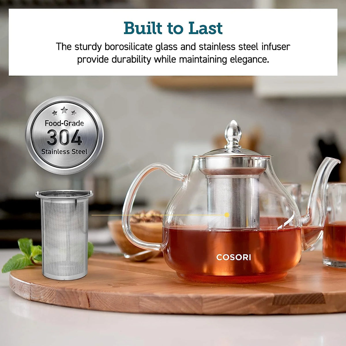 Glass Teapot Stovetop Gooseneck Kettle with Removable Stainless Steel Infuser, Borosilicate, 1000 ml, Transparent P888