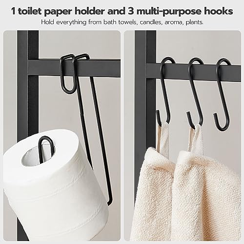 Greige and Black 2-Tier Over The Toilet Storage Shelf with Toilet Paper Holder and Hooks K158536
