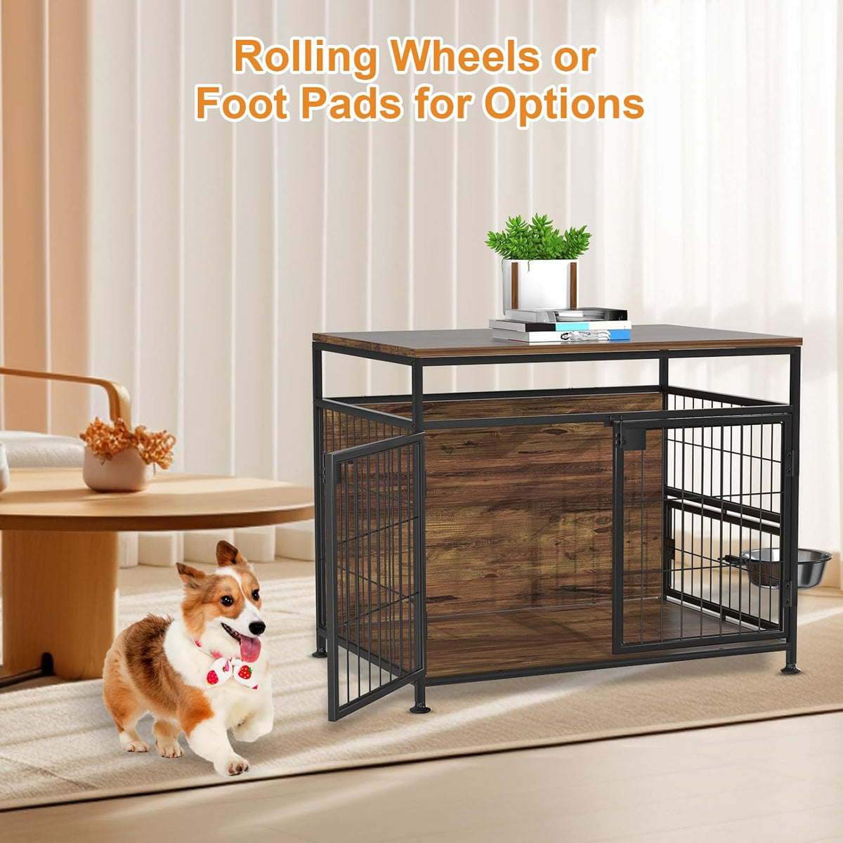 31" Heavy Duty Wooden Dog Crate Furniture with Wheels O899