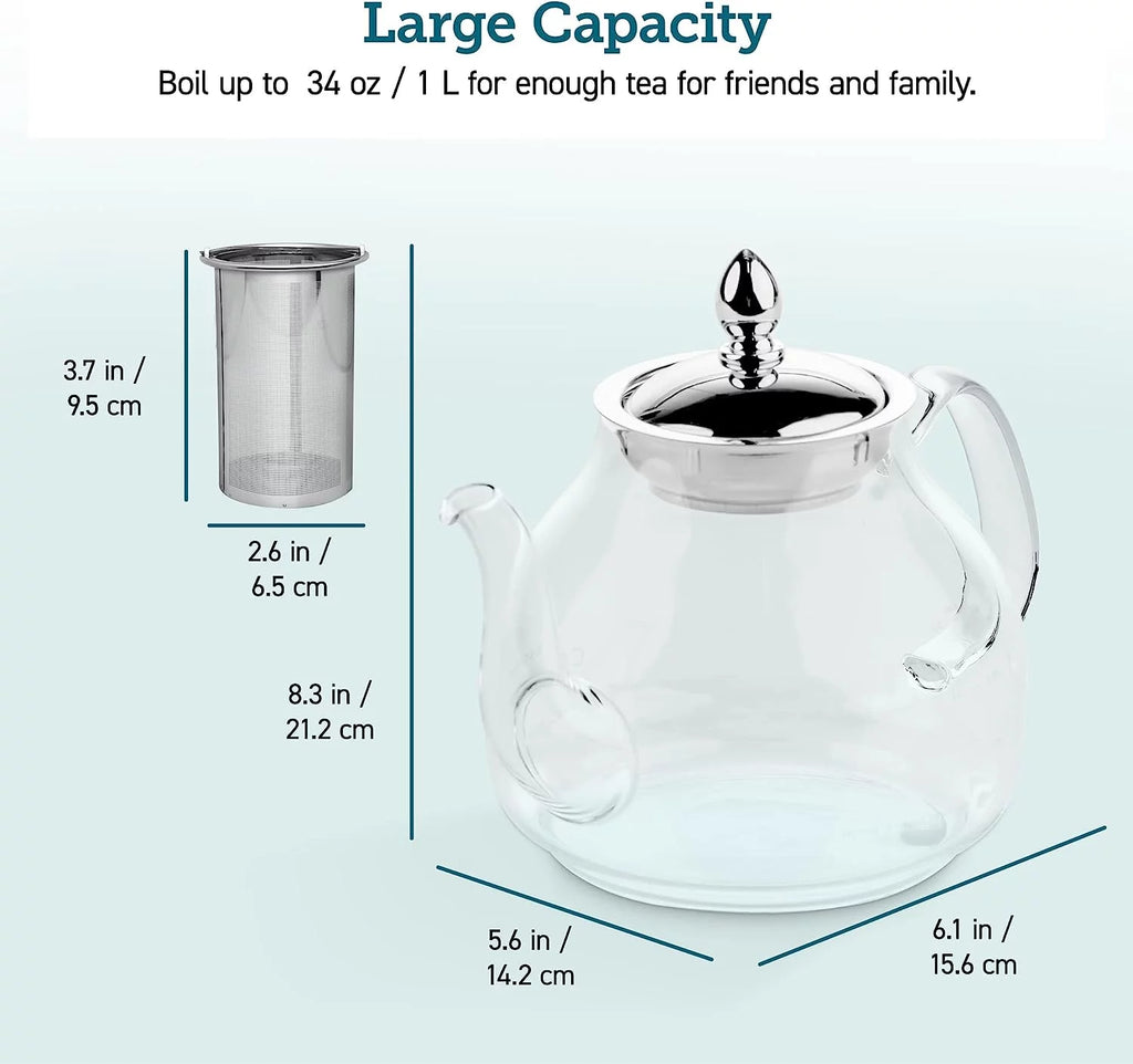 Glass Teapot Stovetop Gooseneck Kettle with Removable Stainless Steel Infuser, Borosilicate, 1000 ml, Transparent P888