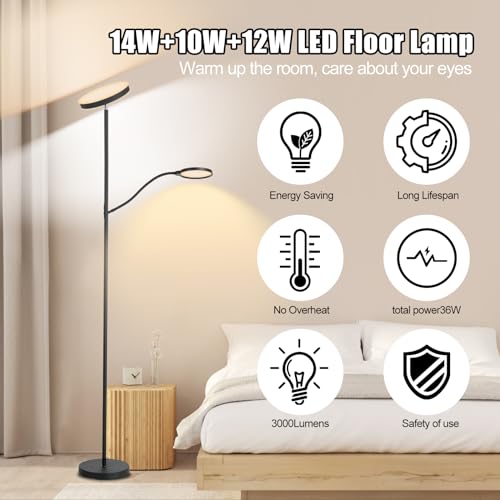 36W 3000LM LED Tall Floor Lamp with Dimmable Reading Light S670