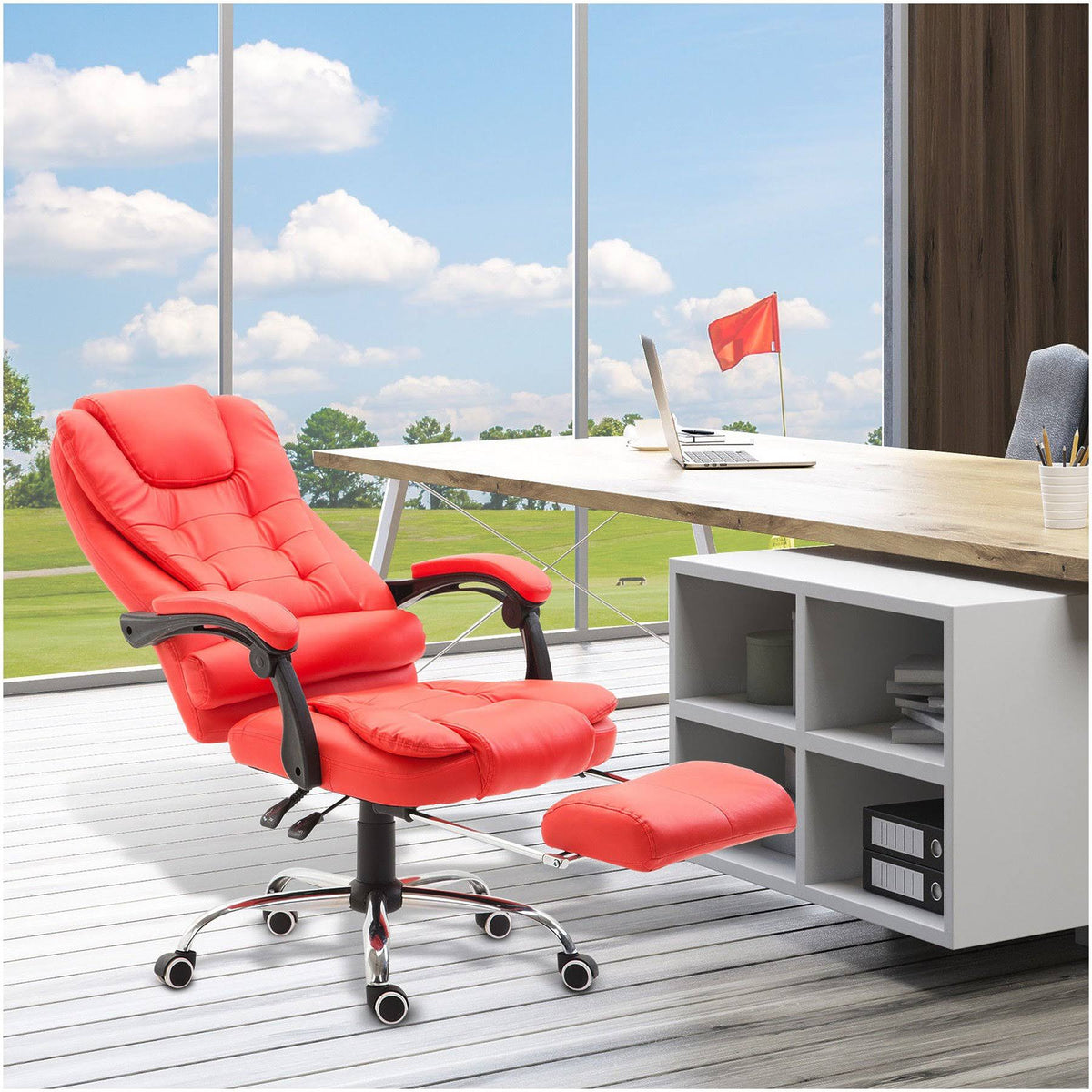 High Back Reclining PU Leather Office Chair with Footrest (Red) F5473