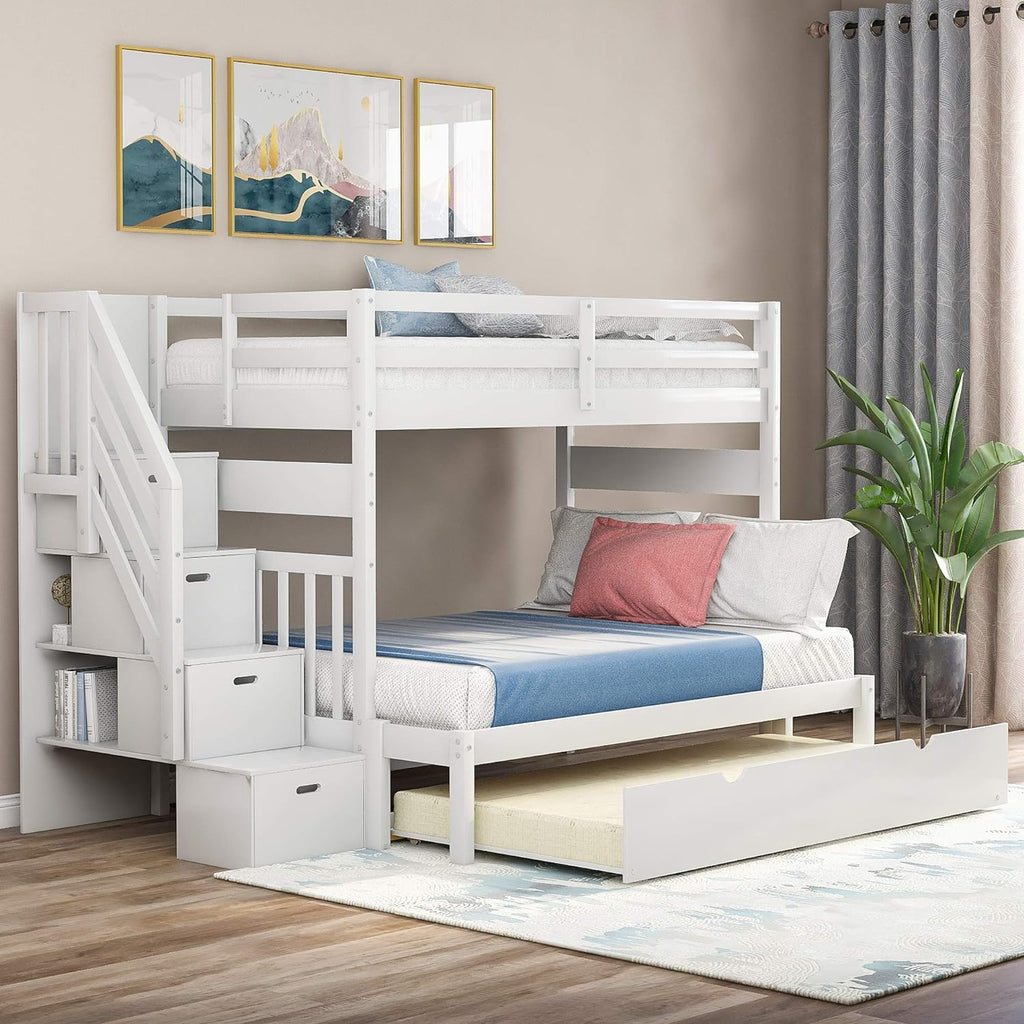 Twin Over Pull-Out Bunk Bed with Two Drawers, Wooden, White U2291