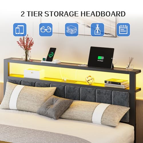 Queen Size Platform Bed Frame with Storage Headboard and Charging Station N473935