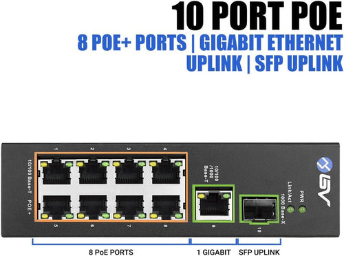 10 Port PoE+ Industrial DIN Rail Switch with Gigabit Ethernet & SFP Uplink X2023