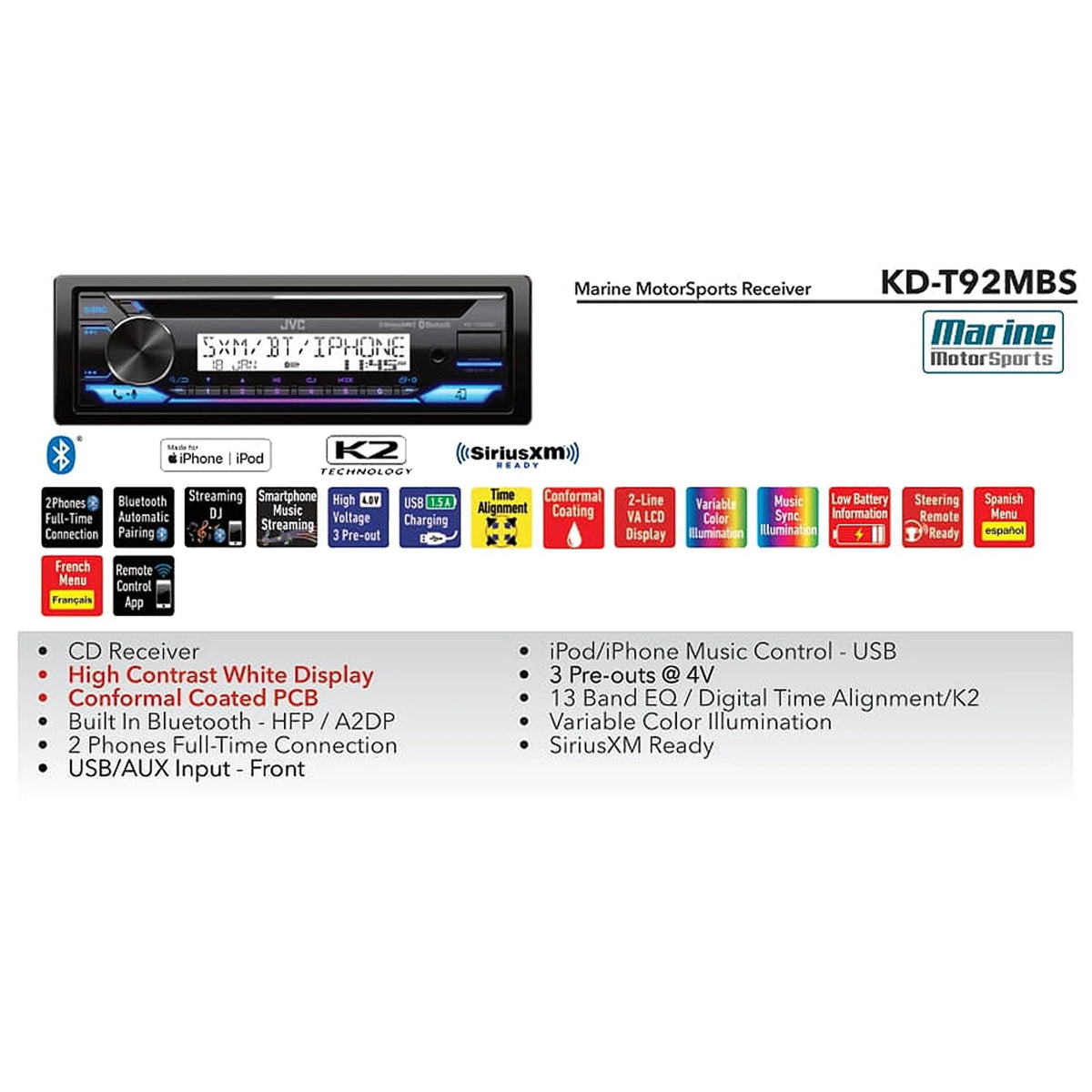 Single DIN Marine Bluetooth AM/FM Radio Stereo Receiver with Dash Protector and Antenna A443702