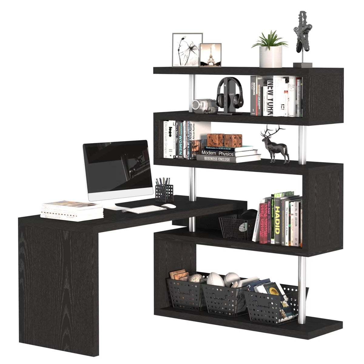 Black L-Shaped Computer Desk with Display Shelves W801120