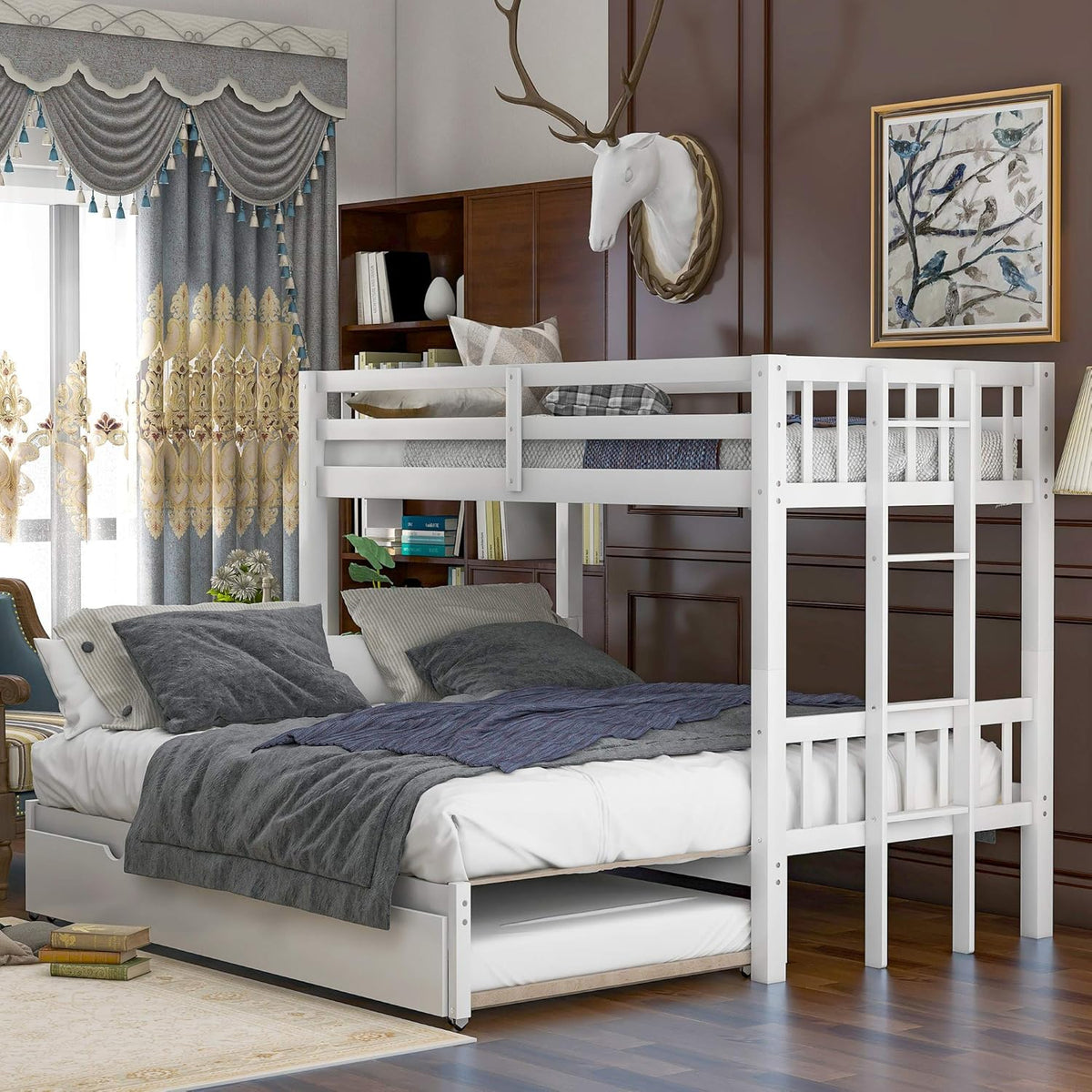 Twin Over Pull-Out Bunk Bed with Two Drawers, Wooden, White U2291
