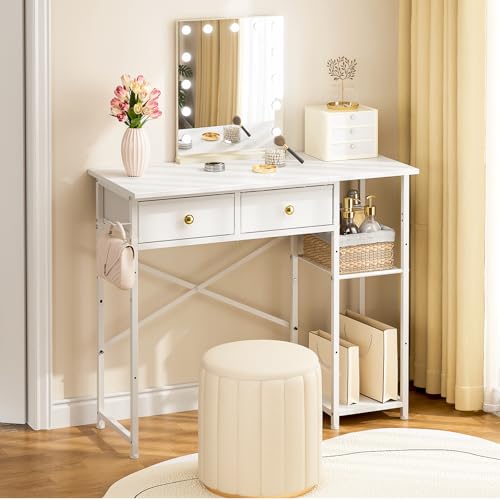 White Vanity Desk with 2 Fabric Drawers U1516